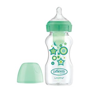 Biberão anticólicas boca larga 270ml tema estrelas verdes Dr.Brown’s . Tetina nível 1